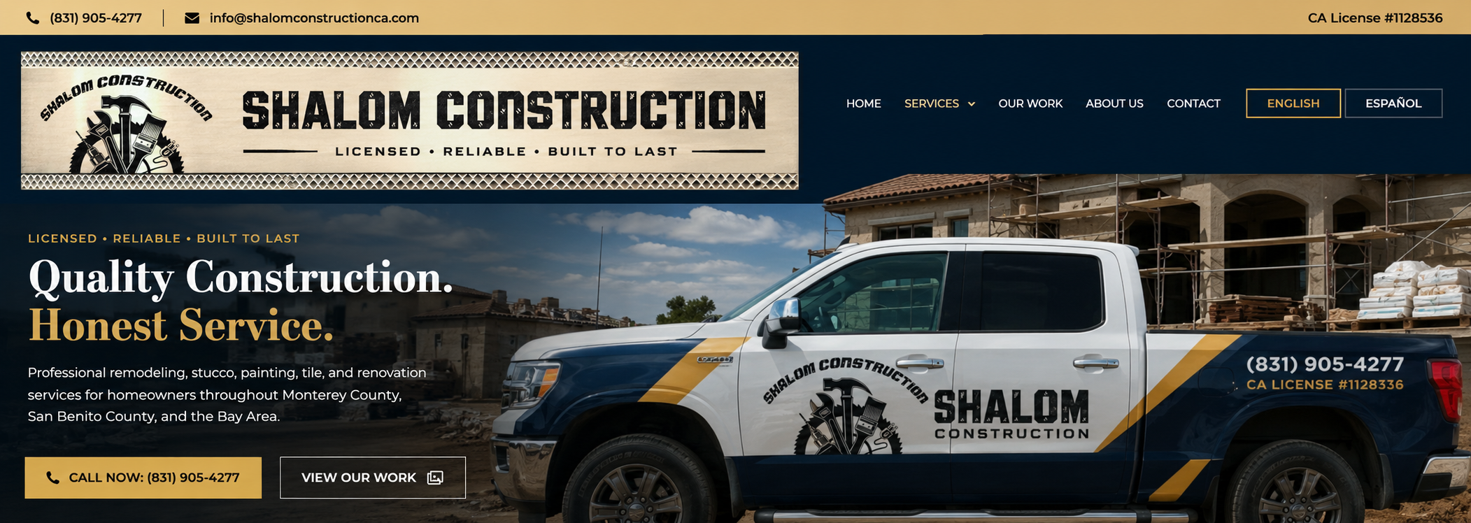 Shalom Construction premium homepage design featuring company branding and construction truck